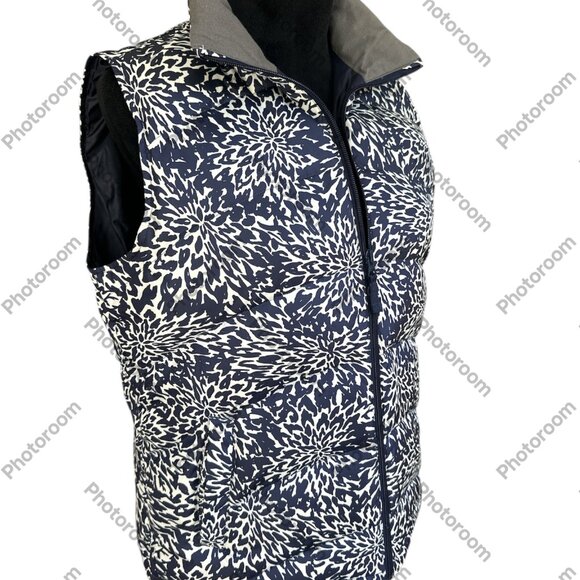 Land's End  Medium Navy & Ivory Floral Zip Quilted Sleeveless Vest Down Filling - Picture 2 of 5